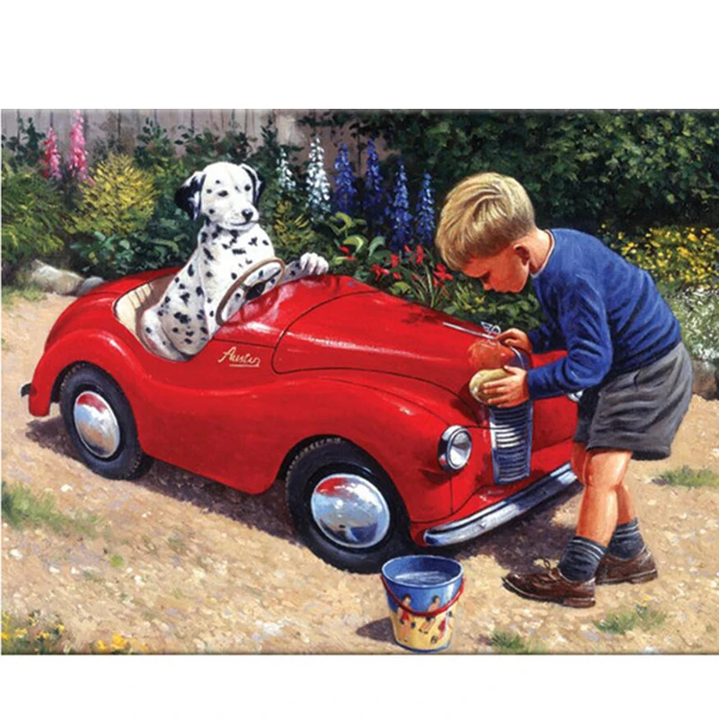 5D Diamond Embroidery Diamond Mosaic Boy and Toy Car Diy Diamond Painting Needlework Dog Pattern Canvas Home Decoration