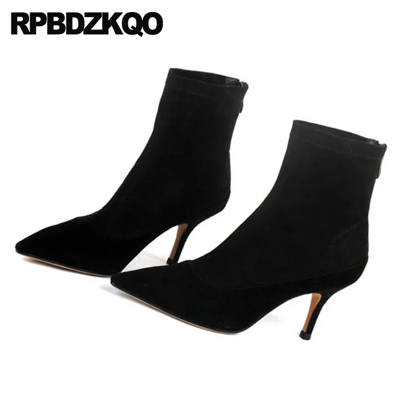 Negro Oveja De Piel Zapatos Dedo Punta Genuino Mujeres Stiletto Otoño Marca Las Del Suede Invierno 2018 Cuero Alto Corto Pie Tacón rqwrd5Ef