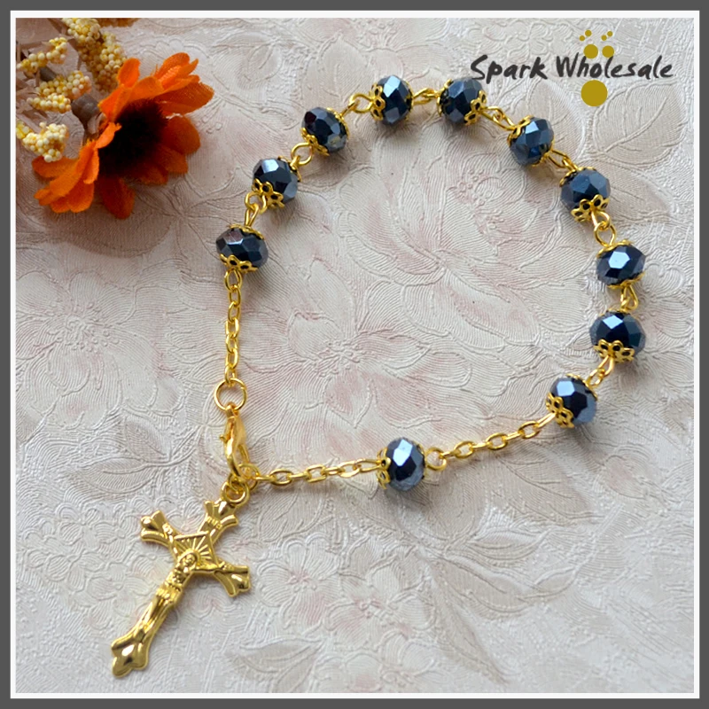 25pcs/lot Wholesale Catholic Capped 8*6mm Black Glass Rosary Bracelet