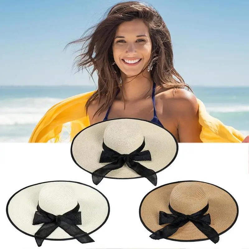 Bowknot ديكور كبيرة حافة قبعة من القش للنساء الصيف شاطئ قبعة بواقٍ للشمس قبعة واقية من الشمس Bowknot ديكور كبيرة حافة قبعة من القش للنساء الصيف شاطئ قبعة بواقٍ للشمس قبعة واقية من الشمس