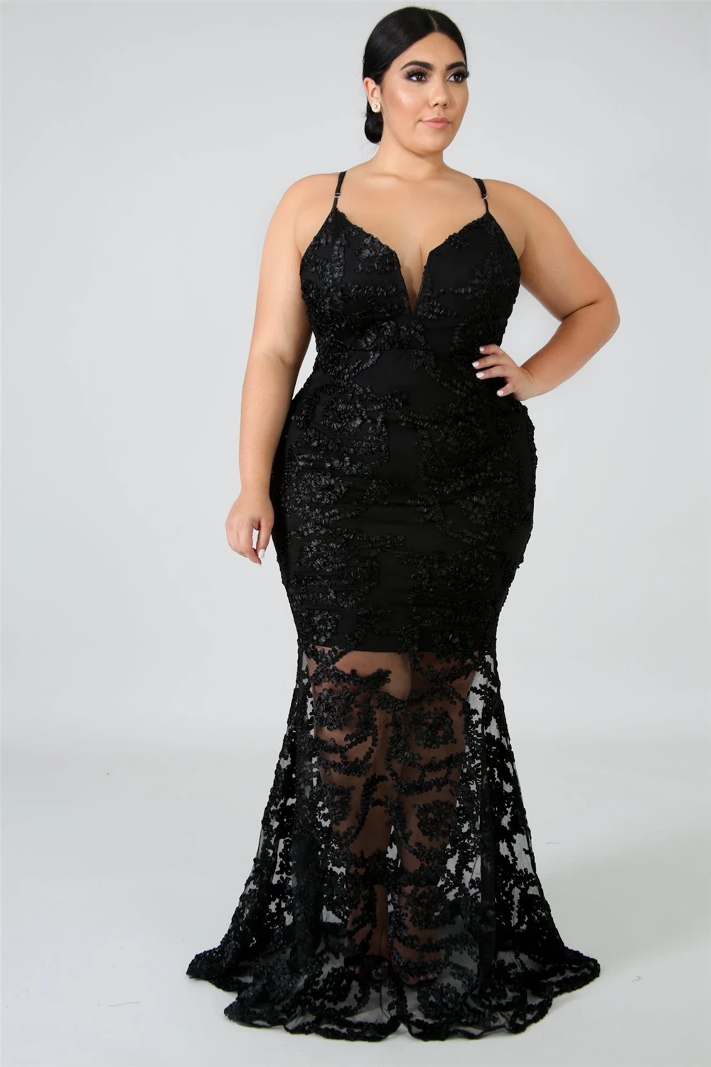 Винтажное черное кружевное платье с бретельками размера плюс, женское платье с v-образным вырезом и высокой талией, сексуальное платье русалки, Vestidos, большой размер
