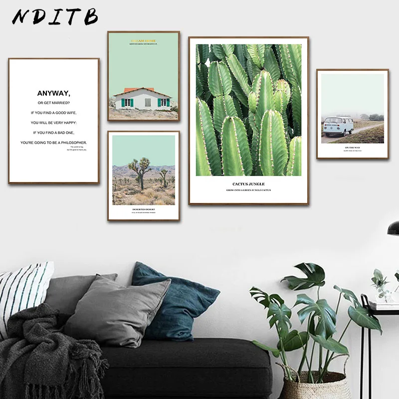 

NDITB Scandinavian Style Cactus Travel Landscape Canvas Poster Quotes Wall Art Print Nordic Abstract Painting Decorative Picture