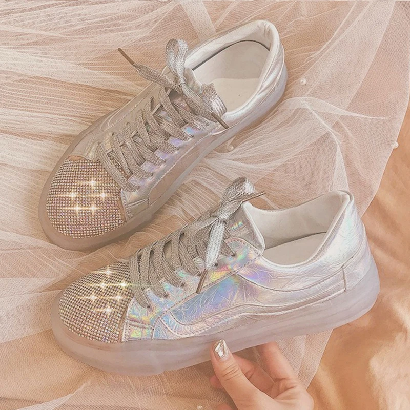 

Spring Female Shoes Leather Silver Crystal Glitter Sneakers Ladies Flat Shoes harajuku Shoes Women Loafers baskets bambas mujer