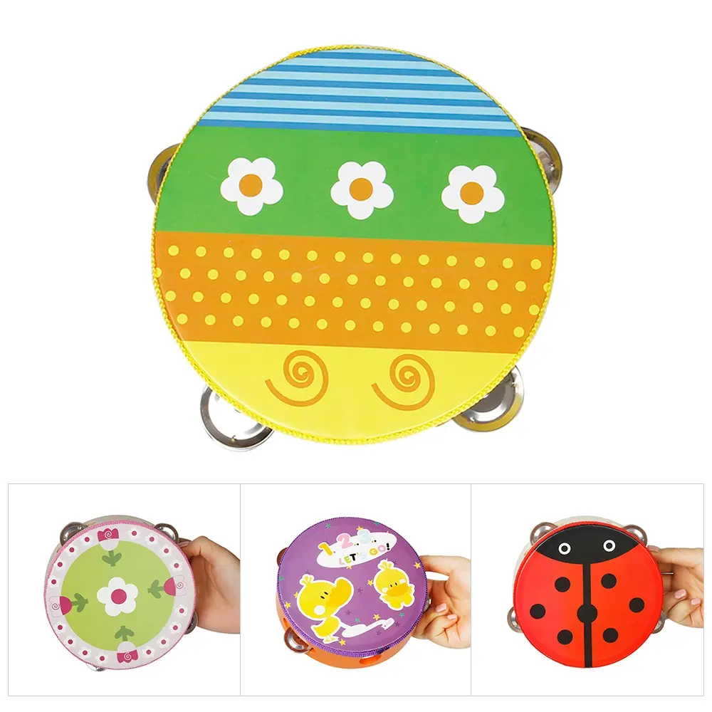 

1pc/ Pack 6" Handheld Tambourine Hand Drum Percussion Toy with 4 Sets Metal Jingles for Kids Games 4 Patterns