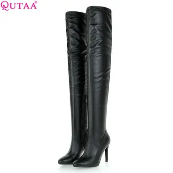 

QUTAA 2019 Womenover The Knee High Heel Pointed Toe Zipper Platform All Match Winter Shoes Women Motorcycle Boots Big Size 34-43