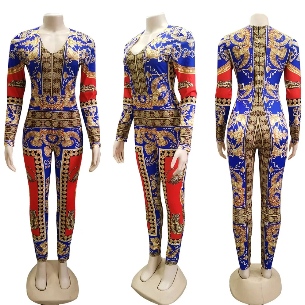 Geometric Print Indie Folk Jumpsuit,High Elastic Long Sleeve Sexy bodycon Pencil Pants Spring Women Outfits Plus Size S-XXL