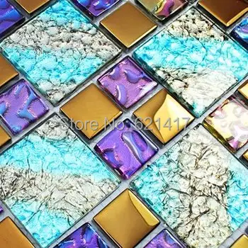 

Iridescent symphony electroplating gold foil crystal glass mosaic tile for kitchen backsplash decoration tiles HMGM1049