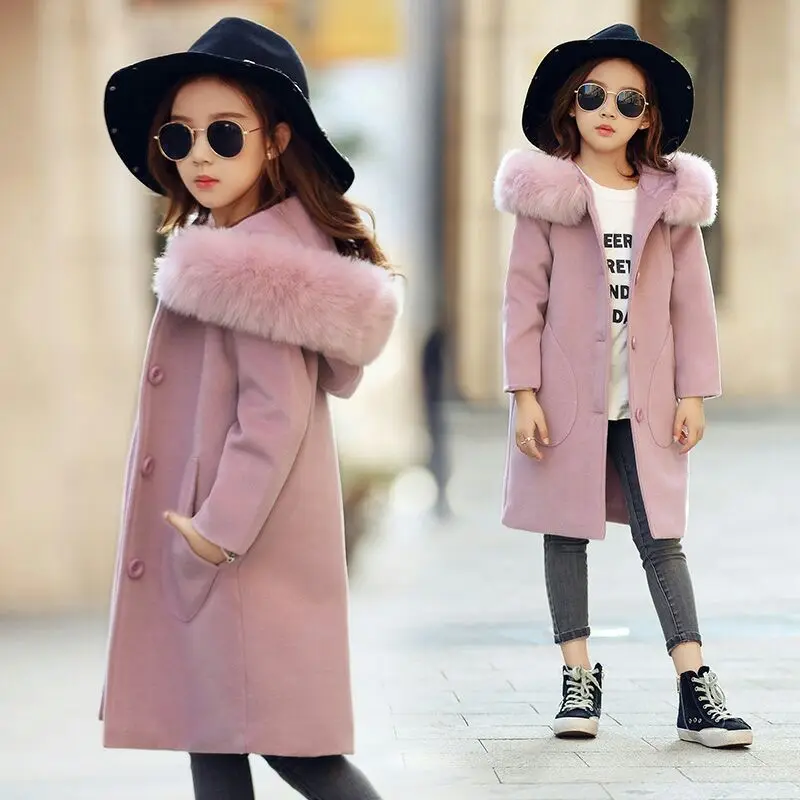  2019 Baby Girls Pink Thick Large Fur Collar Woolen Coat Hooded Jacket Children Autumn Winter Clothe