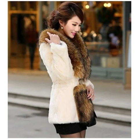 Hiver clair Nouvelle Blanc noir Grande La Renard Avec Veste Femmes Manteau De En Col Vison Faxu Taille Faux Fourrure OqwTUdwfa