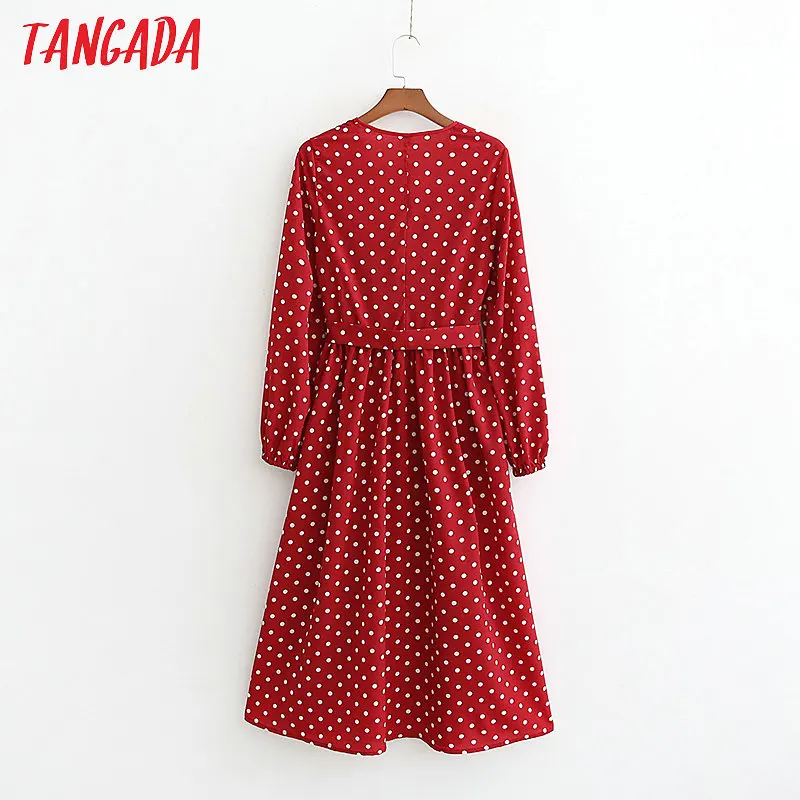 Tangada красное платье с запахом платье на запах длинное платье длина миди платье до середины икры красное платье в горошек белеый горошек V-образный вырез с длинным рукавом 1D114