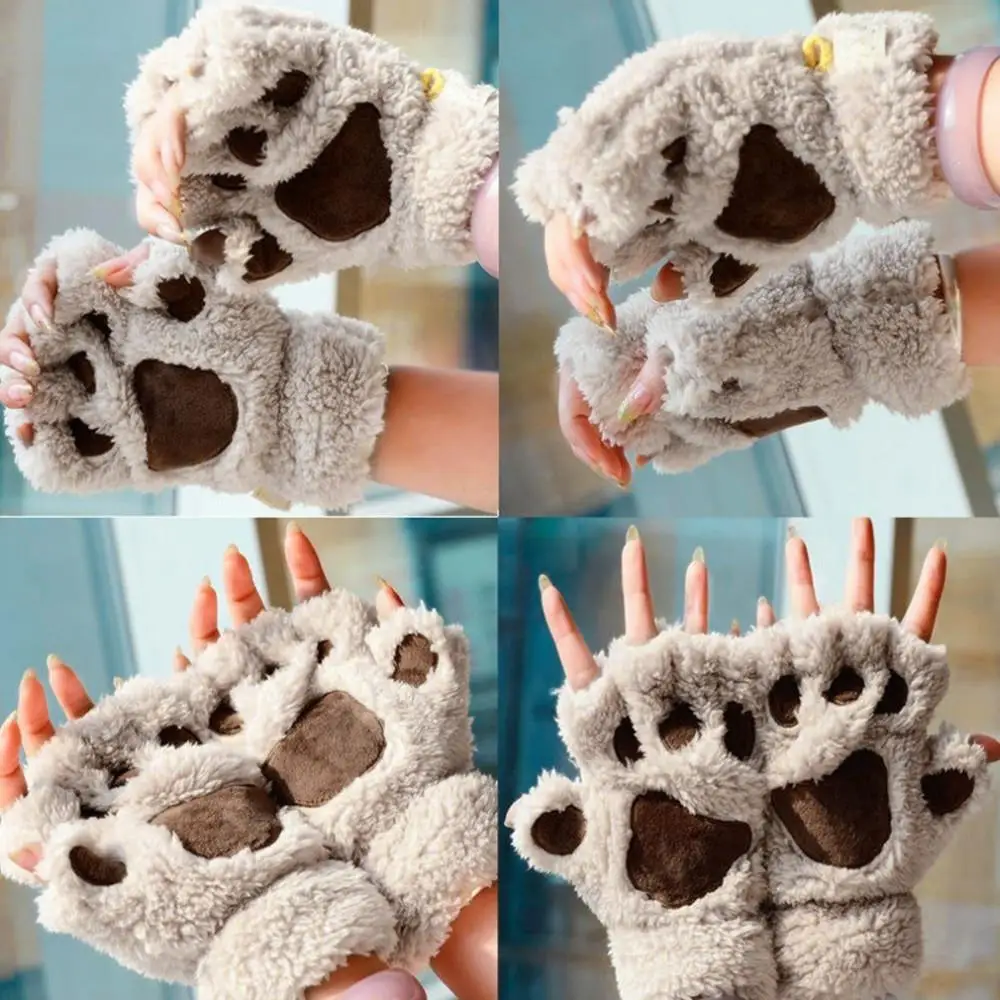 Зимние теплые плюшевые перчатки без пальцев пушистые когти медведя кошки лапы животных мягкие теплые милые перчатки на половину пальцев для девочек