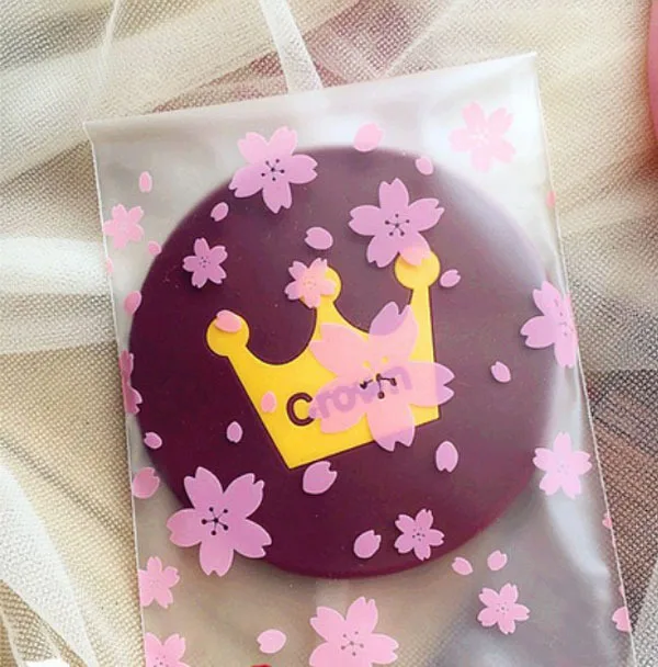 

100pcs/lot Cookie plastic bags 8x10cm Pink cherry blossoms self adhesive bags for biscuits snack baking package