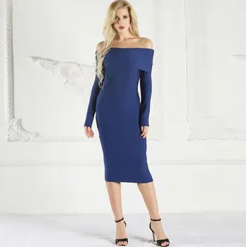 

autumn and winter blue slash neck off the shoulder knee-length full sexy bodycon party low bosom evening bandage dress women