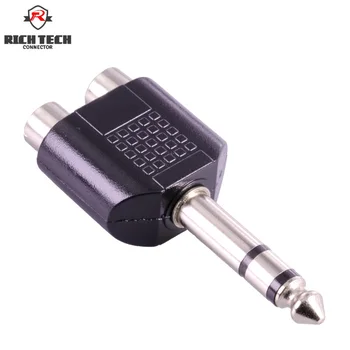 

50pcs 3pole Stereo Jack 6.35mm to 2xRCA Jack Audio Converter Double Female Socket RCA to 6.5mm Male Plug Connector