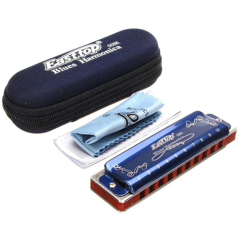 Easttop T008K 10 الثقوب هارمونيكا البلوز محدودة النسخة الأزرق اللون سلم موسيقي القيثارة الموسيقية أداة Abcde F G مفاتيح مع حالة