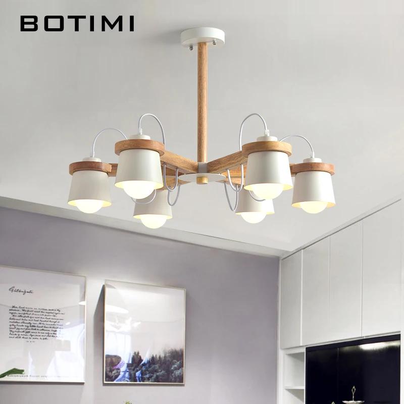 

BOTIMI Wooden LED Chandelier White Suspension Lighting Fixtures E27 Chandeliers With Iron Lampshades Modern Wood Lustre