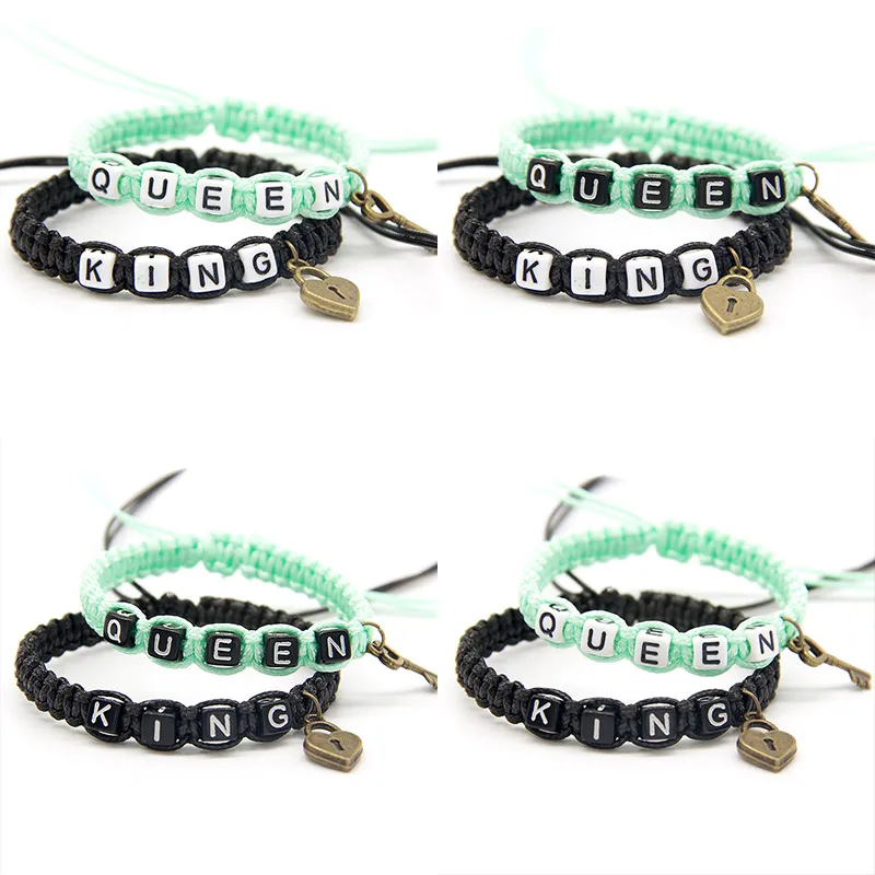 

2pcs/pair Couple Bracelets Fashion Black Green Beadeds King Queen With Key Lock Rope Chains Lovers Boyfriend Girlfriend Gifts