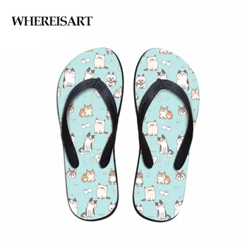 

WHEREISART Flip Flops Woman 2019 Fashion 3D Lovely Cat Prints Women Flats Beach Slippers Summer Flipflops for Lady Girls