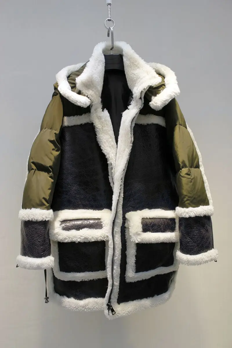 

2018 women's winter luxury fashion lamb sheep fur collar hat white duck down jacket overcoat middle long