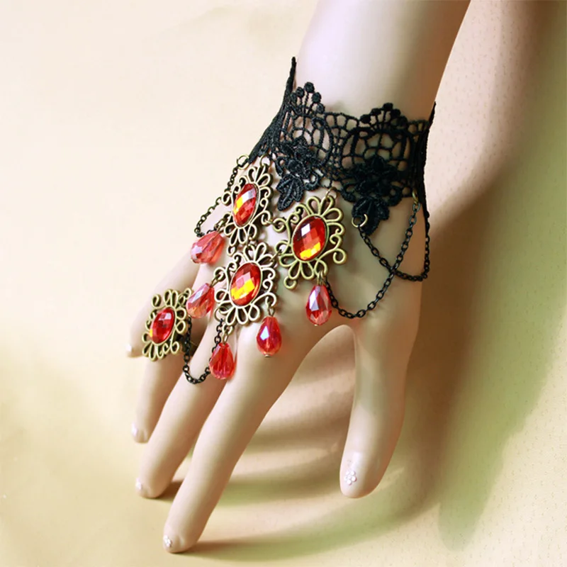 

Red Crystal Bracelet Black Lace Tassel Links Chains Bride Gothic Jewelry Water Drop Charm Statement Wristbands Fashion Accessory