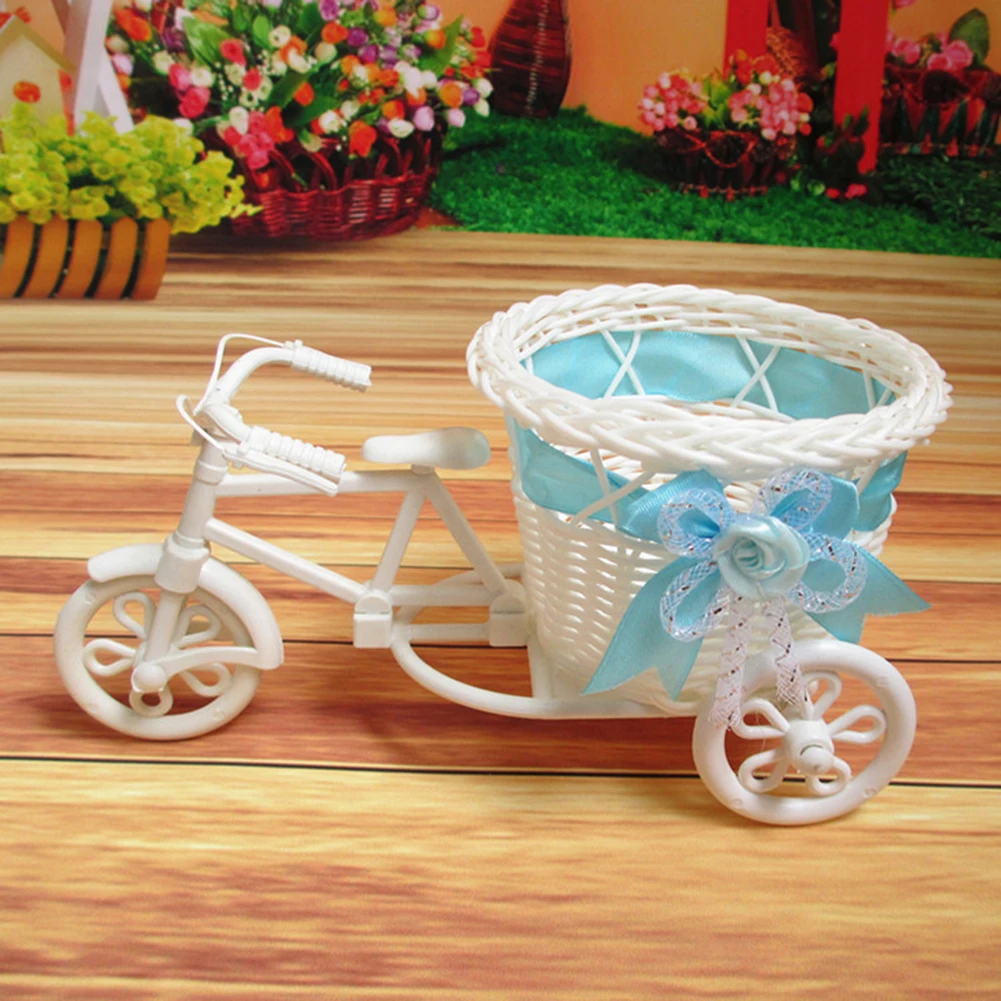 Rattan Bicycle Flower Basket Vase Storage Three-wheel Cute Flower Pot Orname.ec
