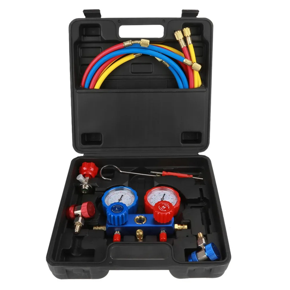 

Manifold Dual Gauges R134a Air Conditioning Refrigerant Manifold Gauge Set with 1.5m Charging Hoses Measuring Tools