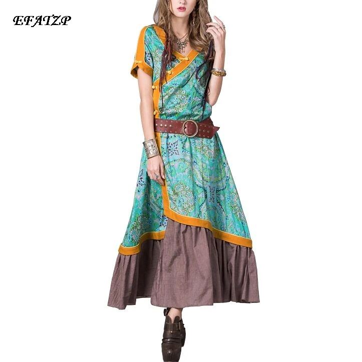 

New 2017 Spring Women's Floral Printed cheongsam Dress Vintage V-Neck Short Sleeve Loose Long Patchwork Dress