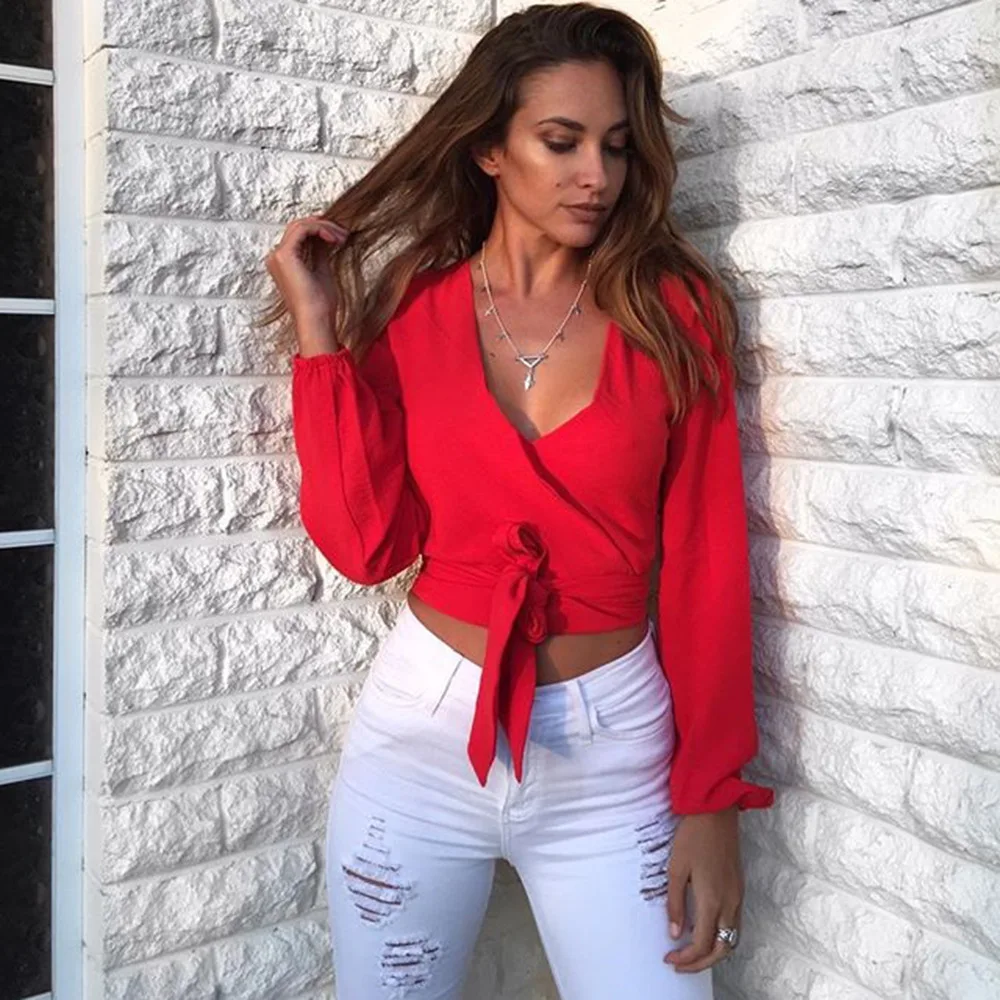 

chic women blouse costume female ladies new womens top sexy deep v-neck solid long sleeve autumn shirt top