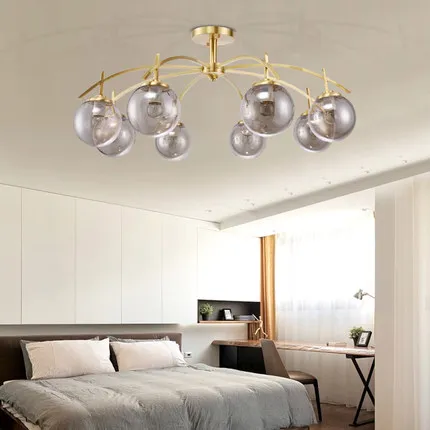 

Modern Nordic Indoor Lighting Copper Led Chandelier Light Painted Metal Gray Glass Shades Chandelier For Foyer Bedroom