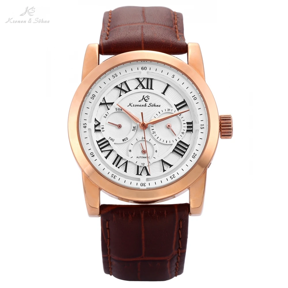 

KS Brand Imperial Roman Rose Gold Mens Day Date Male Clock Relojes Hombre Automatic Relogio Leather Band Mechanical Watch /KS323