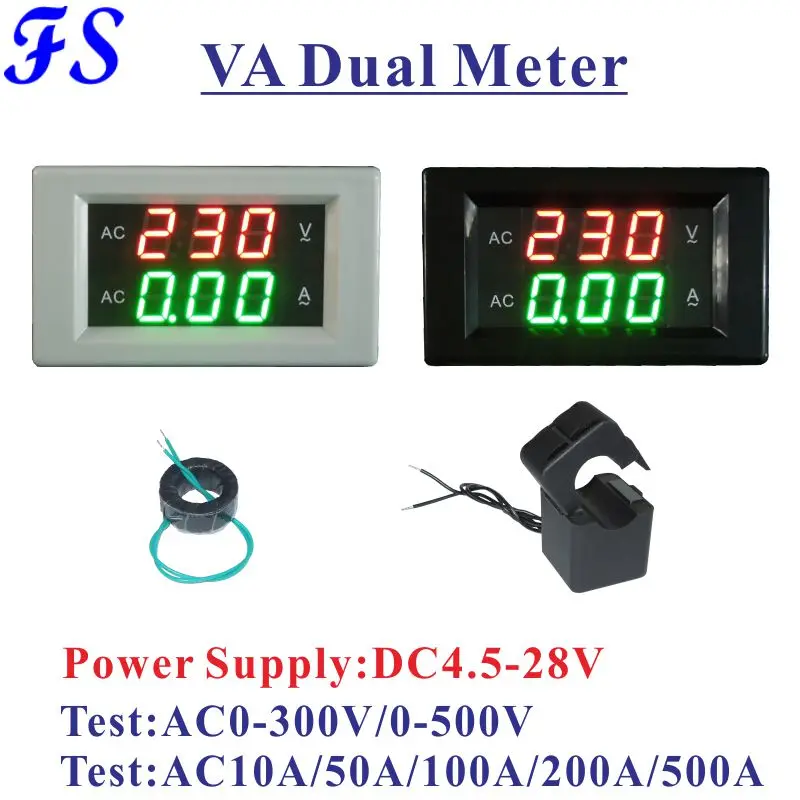 YB4835VA светодиодный цифровой измеритель напряжения тока, двойной измеритель переменного тока 10A 50A 100A 200A 500A ампер, вольтметр, тестер тока переменного тока 0-300 в 0-500 В