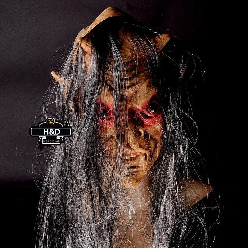 Full Face Cosplay Ghost Red Eyes Mask Gray Long Hair Horror Masquerade Adult Ghost Mask Halloween  Props Costumes Fancy Dress  (3)