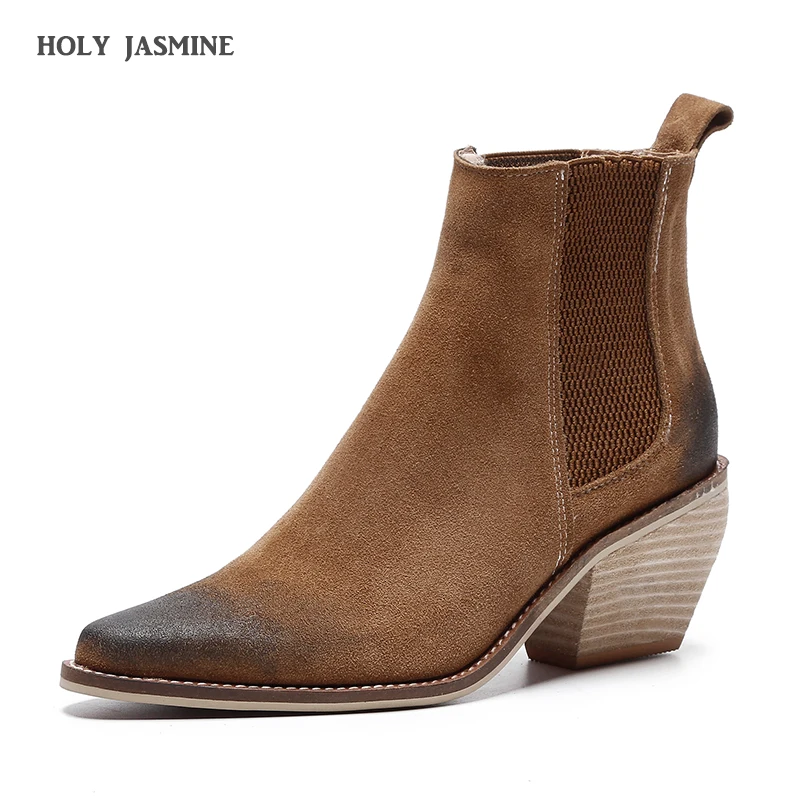 

2018 Winter New Sexy Pointed Toe Cow Suede Women Boots Strange Kitten Heel Ankle Boots For Women Leather Women Boots Shoes