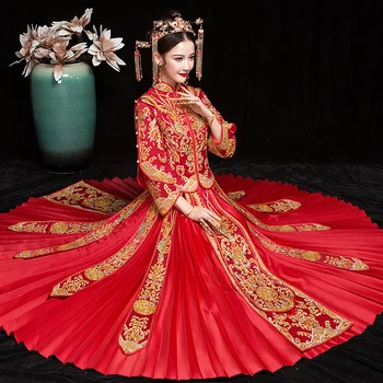 

Chinese Style Red Bride Toast Clothing Vintage Female Qipao High Quality Embroidery Coat+Skirt Cheongsam Suit Novelty Dress