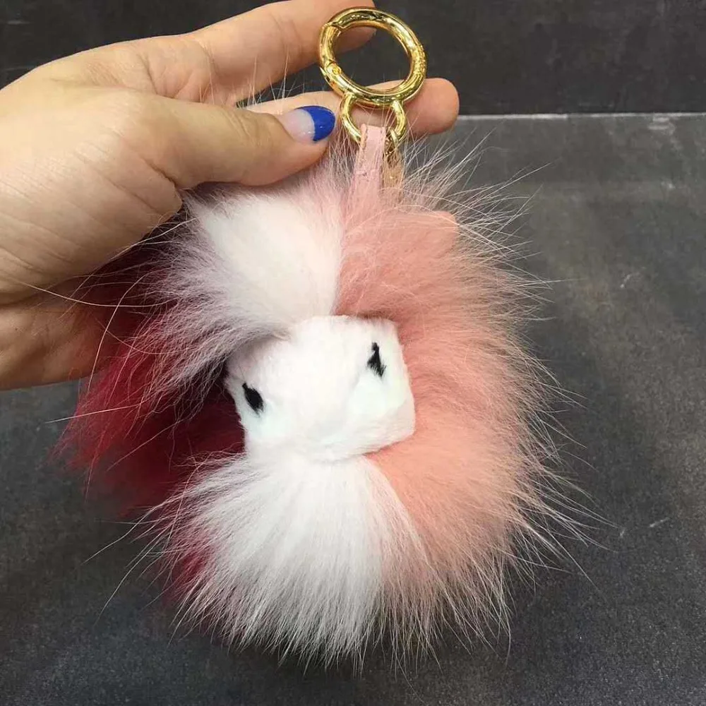 

Mini Monster Bag Charm Pendant Real Fur fox Pompom Key Chain Multicolor Ice Cream Color Fur Pendant Keychains Gold Key ring