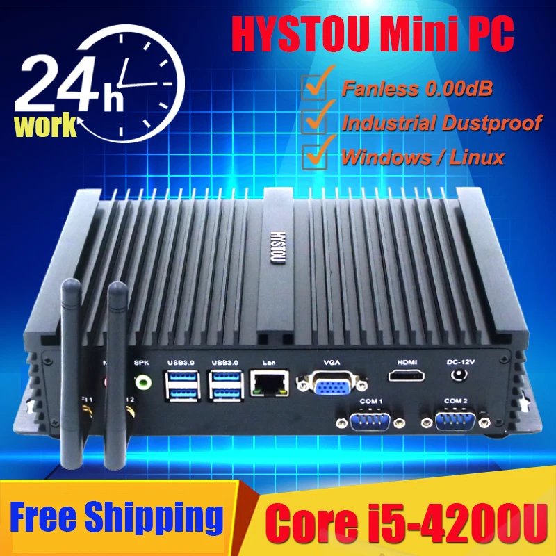  Fanless Industrial Mini PC Windows 10 Rugged ITX Aluminum Case Intel Core i5 4200u HTPC TV Box RS232 WiFi USB VGA Thin Client PC 