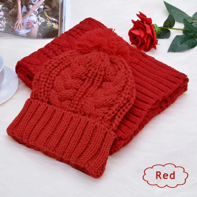 Womens Winter Knitted Hat Scarf Set Rhinestones Flower Design Woolen Warm Beanie