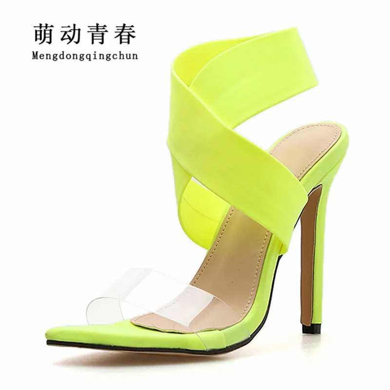 Big Size 35-42 Orange Yellow Thin Heels Women Pumps Slip on Stretch Fabric Women's Shoes Sexy Clear PVC Pointed Toe Party Pumps