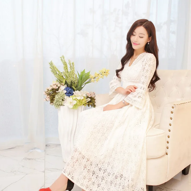 2018 Summer Autumn Women Elegant White Lace Long Dress High Waist Bohemia Beach Maxi Dresses Female Vintage Party Dress Vestido Dresses