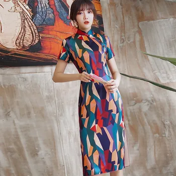 

2019 Dress Sexy Celebrity Patchwork Short Vintage Slit Women Print Mandarin Collar Night Club Body con Party Dresses Wholesale