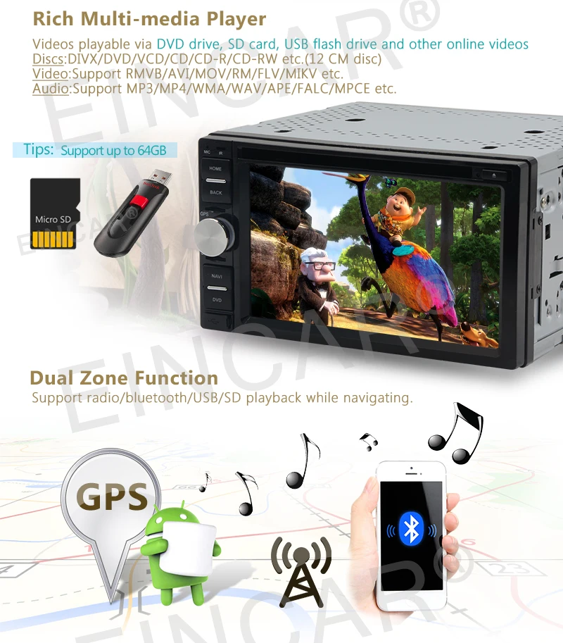 Top Android 6.0 Car GPS DVD Stereo 2Din DVD Player GPS Navigation Car Radio Audio Player Support /WiFi/OBD2/Mirrorlink/1080P Video 7
