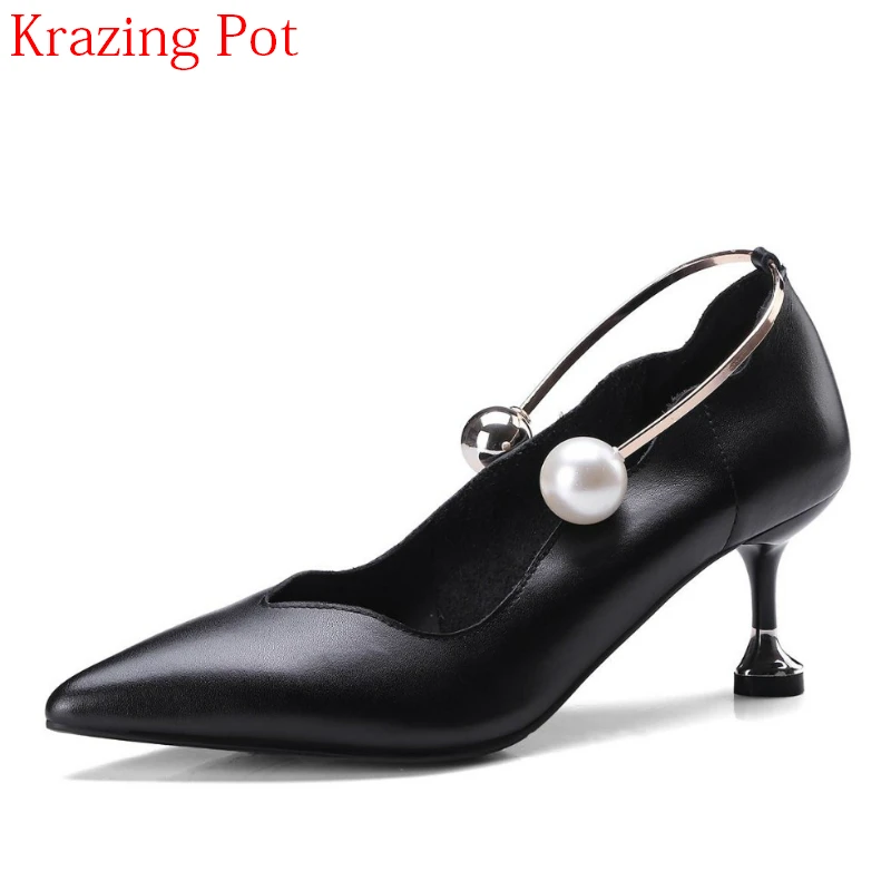 

2018 Office Lady Genuine Leather Pearl Spring Women Pumps Thin High Heels Pointed Toe Solid Wedding Shallow Handmade Shoes L07