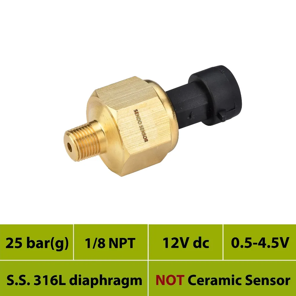 

0 25bar gauge, 0 to 2.5Mpa pressure sensor, 12V, 24V, 30V dc power, 0.5 to 4.5V output, oil, S.S. 316L diaphragm, 1/8 NPT thread