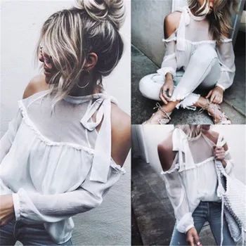 

2018 New Fashion Women Sexy Off Shoulder Long Sleeve Mesh Shirts Tops Blouse Summer Beach Women Loose Shirts