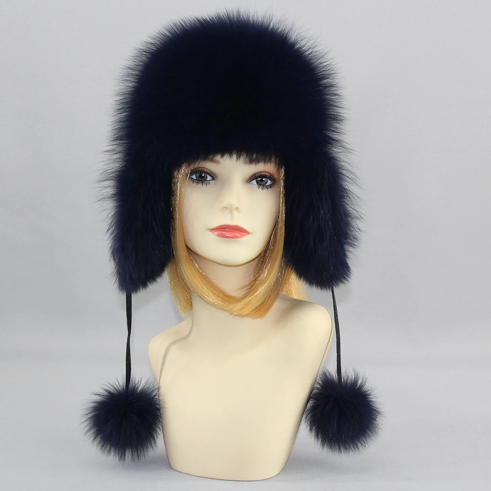 Hot Sell Genuine Fox Fur Hats Genuine Raccoon Fox Fur Russian Ushanka Cap Winter Quality Thick Warm Fox Fur Bomber Hat