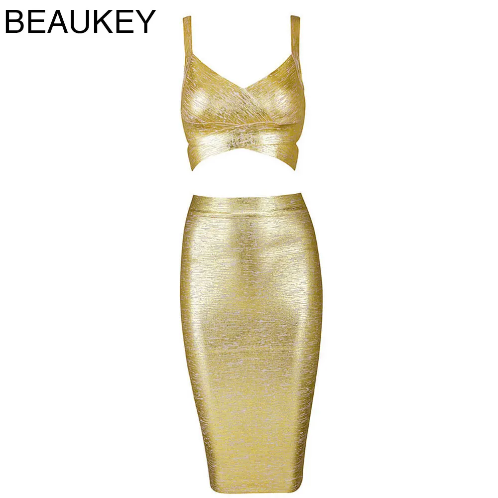 

Gold Sliver Sexy Women Knitted 2016 High Waist Knee Length 2 Piece Bodcyon Bandage Dress