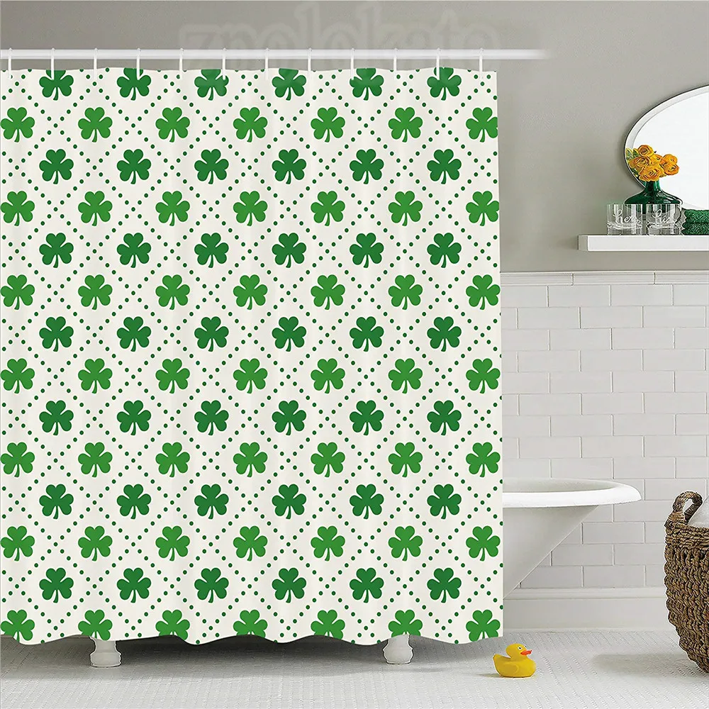 Irish Shower Curtain Four Leaf Shamrock Clover Flowers with Dotted