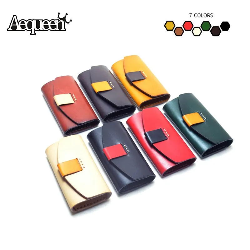 

AEQUEEN Genuine Leather Wallets For Womens Car Key Wallet Cowhide Leather Housekeeper Door Key Holders Panelled Purses Unisex