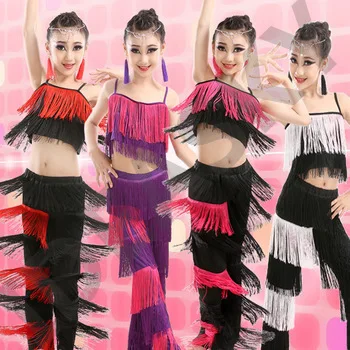 latin dance costumes sequin fringe pants dress with fringes black women salsa cha cha tassel ballroom dancing dresses for kids
