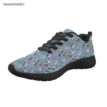 

Twoheartsgirl Cute Tooth Printed Women's Lace Up Mesh Sneakers Cartoon Nurse Flats Shoes Teenage Girls Casual Footwear Flats